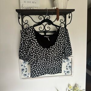 Free People Black and White Floral Blouse